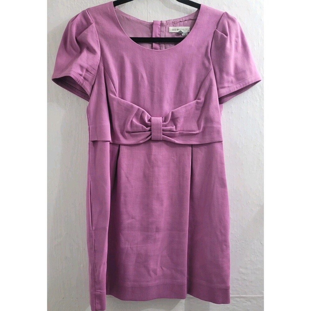 See By Chloe Pink Bow Front Puff Sleeve Mini Dress Pockets Wool Blend Sz 44 US 8
